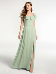 Square Neck Long Chiffon Dress with Front Slit Dusty Sage