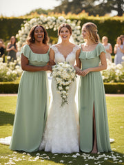 Square Neck Long Chiffon Dress with Front Slit Dusty Sage