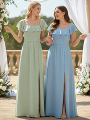 Square Neck Long Chiffon Dress with Front Slit Dusty Sage