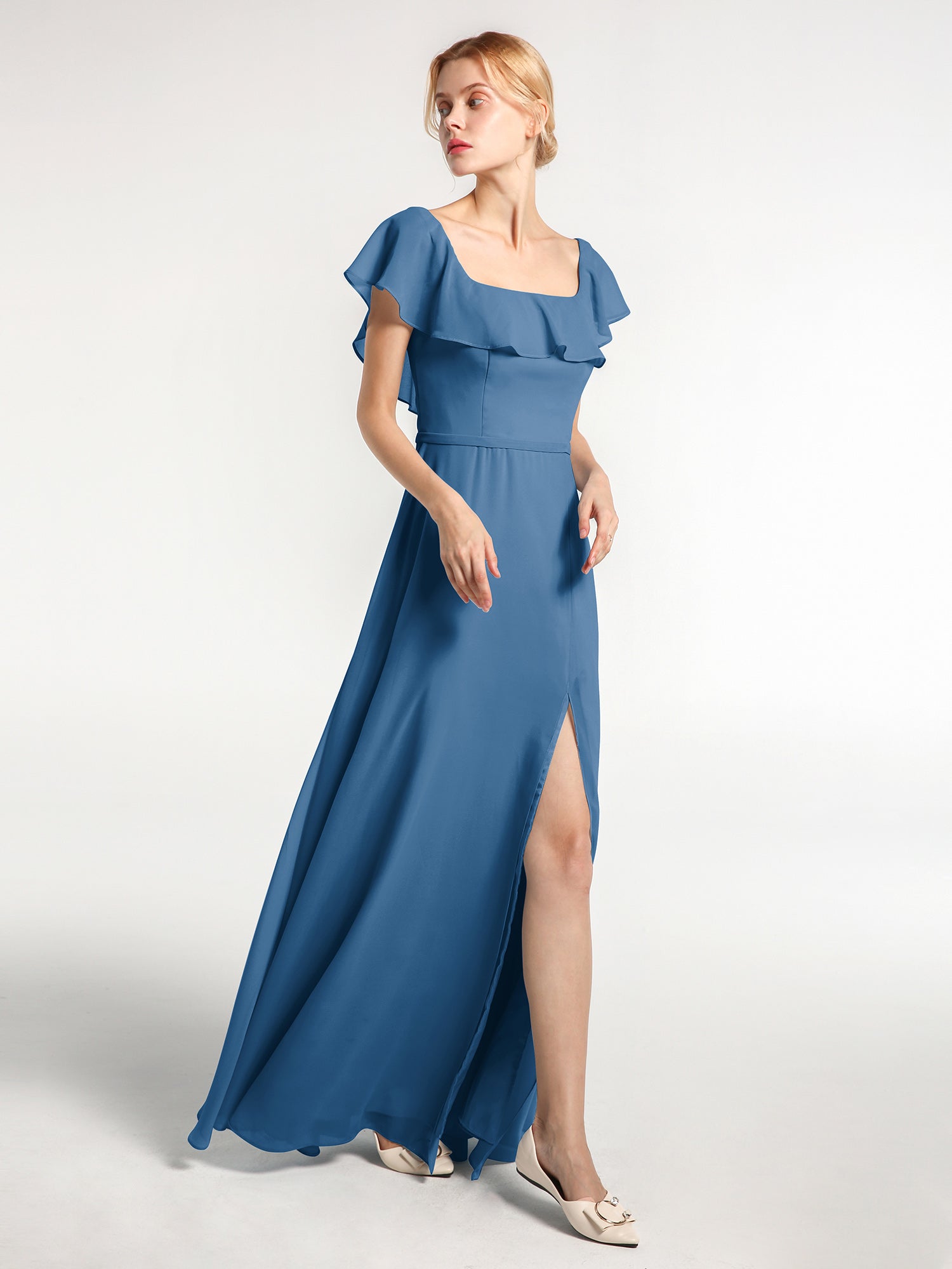 Square Neck Long Chiffon Dress with Front Slit Ink Blue Plus Size ...