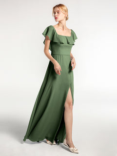 Square Neck Long Chiffon Dress with Front Slit Olive Green