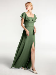 Square Neck Long Chiffon Dress with Front Slit Olive Green Plus Size