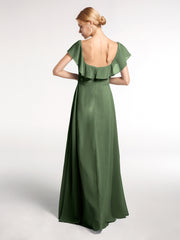 Square Neck Long Chiffon Dress with Front Slit Olive Green