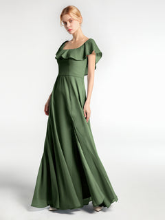 Square Neck Long Chiffon Dress with Front Slit Olive Green Plus Size