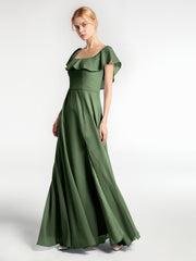 Square Neck Long Chiffon Dress with Front Slit Olive Green