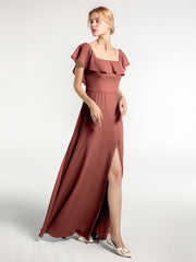 Square Neck Long Chiffon Dress with Front Slit Terracotta