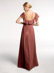 Square Neck Long Chiffon Dress with Front Slit Terracotta