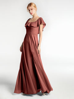 Square Neck Long Chiffon Dress with Front Slit Terracotta