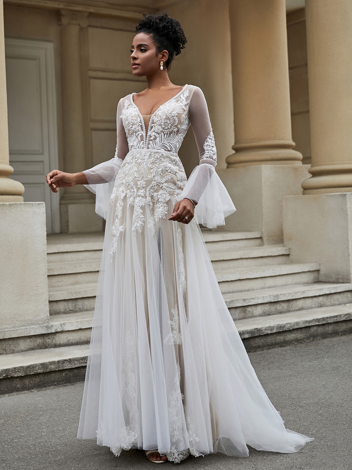 BABARONI V-Neck A-Line Lace Tulle Wedding Dress As Picture, As Picture / US0 BABARONI V-Neck A-Line Lace Tulle Wedding Dress As Picture, As Picture / US0