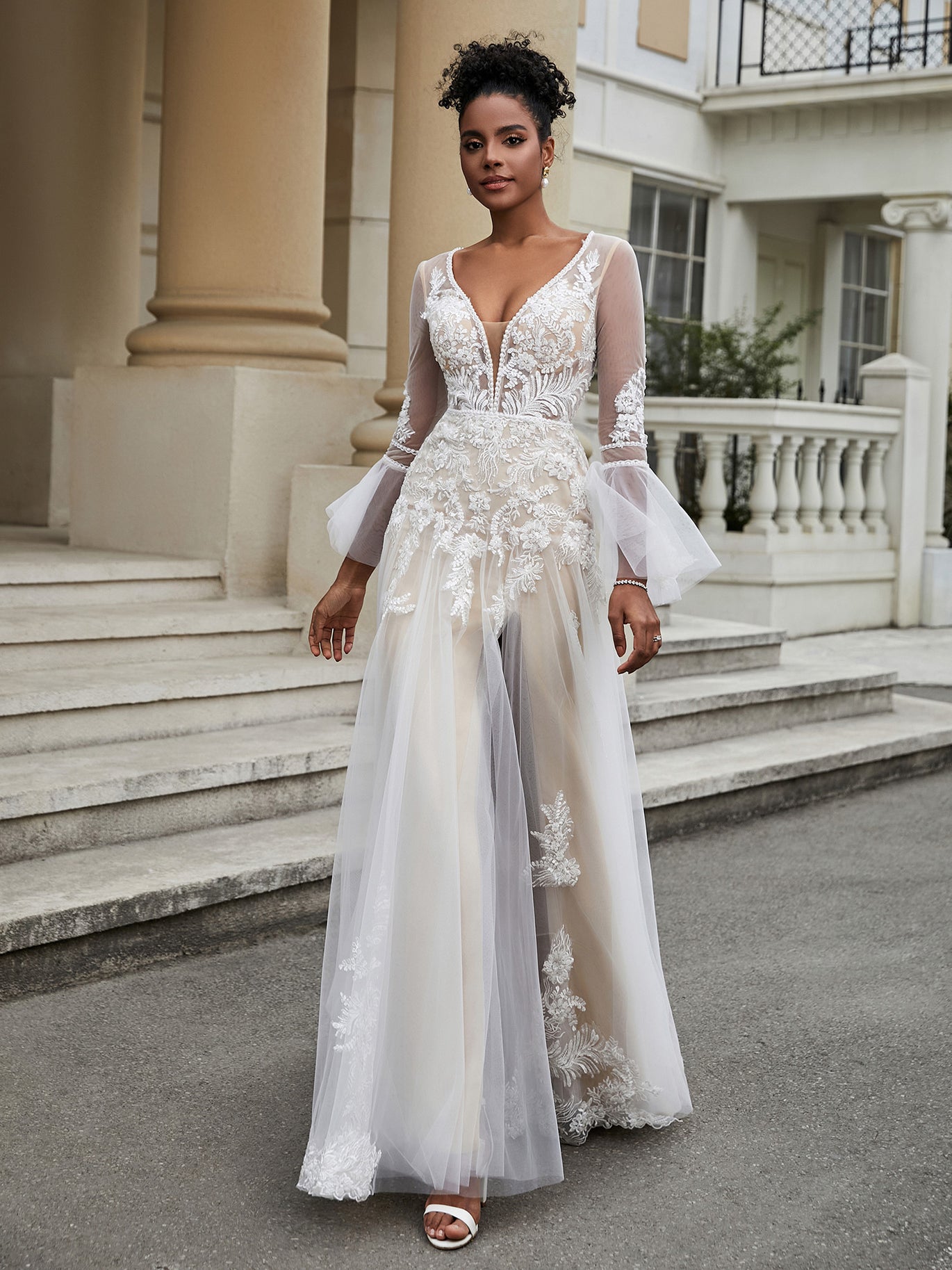 BABARONI V-Neck A-Line Lace Tulle Wedding Dress As Picture, As Picture / US0