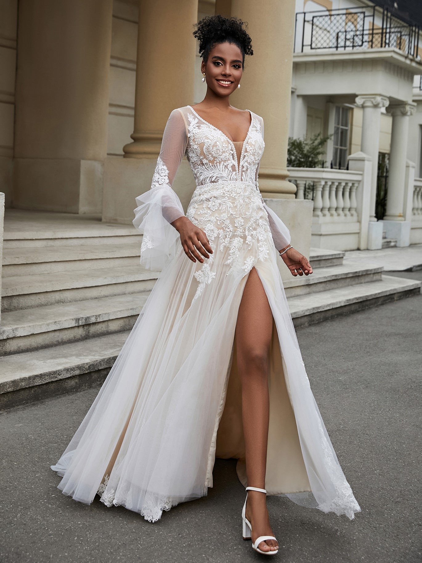 BABARONI V-Neck A-Line Lace Tulle Wedding Dress As Picture, As Picture / US0