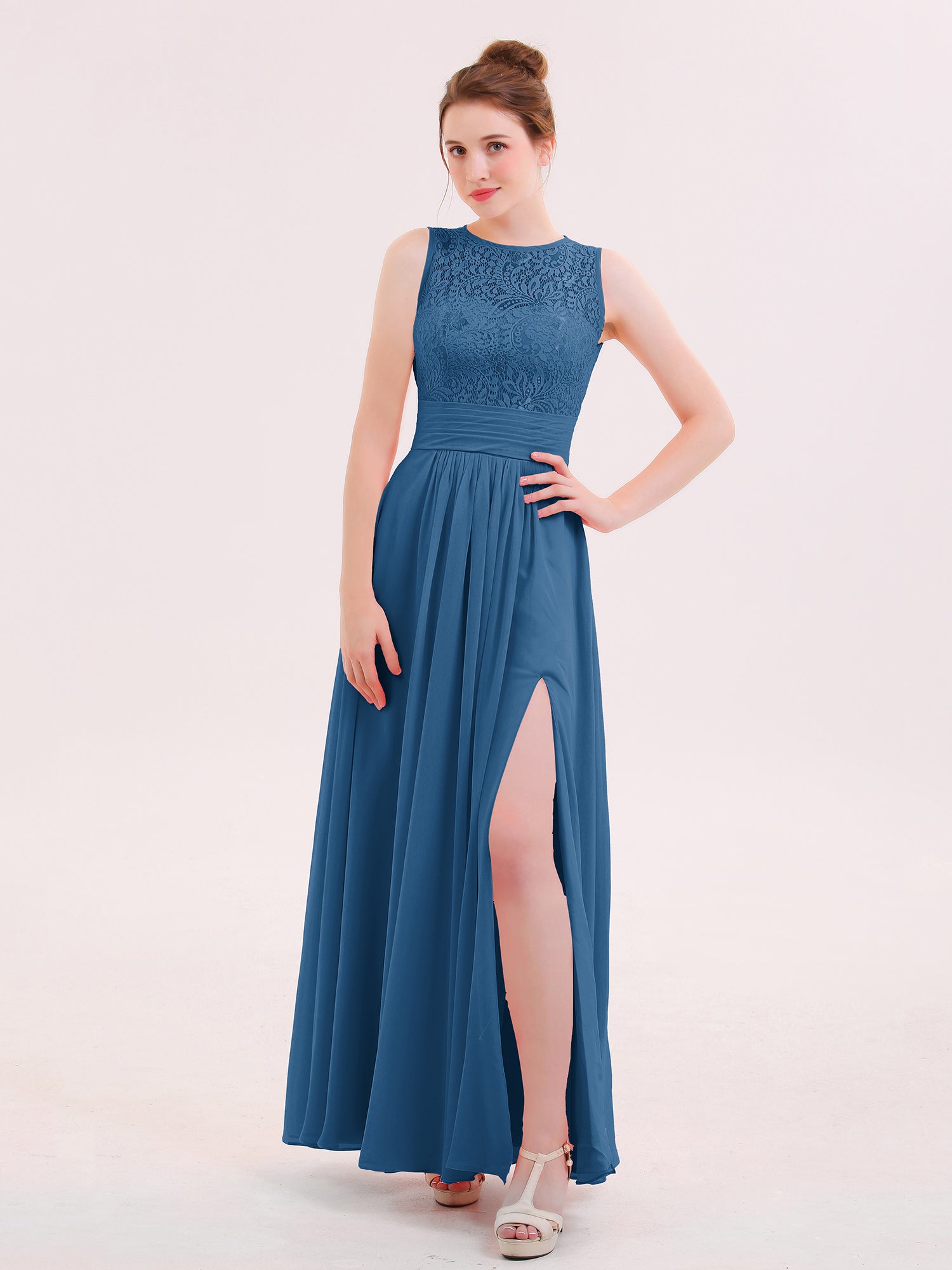 Illusion Neck Lace and CHIffon Dress with Slit Ink Blue Plus Size ...