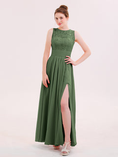 Illusion Neck Lace and CHIffon Dress with Slit Olive Green