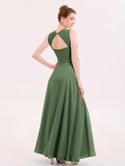 Illusion Neck Lace and CHIffon Dress with Slit Olive Green Plus Size