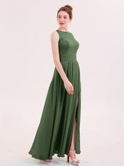 Illusion Neck Lace and CHIffon Dress with Slit Olive Green
