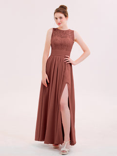 Illusion Neck Lace and CHIffon Dress with Slit Terracotta