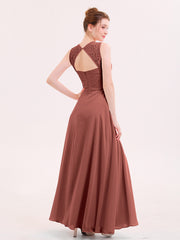 Illusion Neck Lace and CHIffon Dress with Slit Terracotta Plus Size