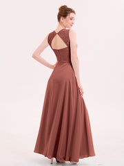 Illusion Neck Lace and CHIffon Dress with Slit Terracotta