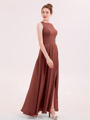 Illusion Neck Lace and CHIffon Dress with Slit Terracotta Plus Size