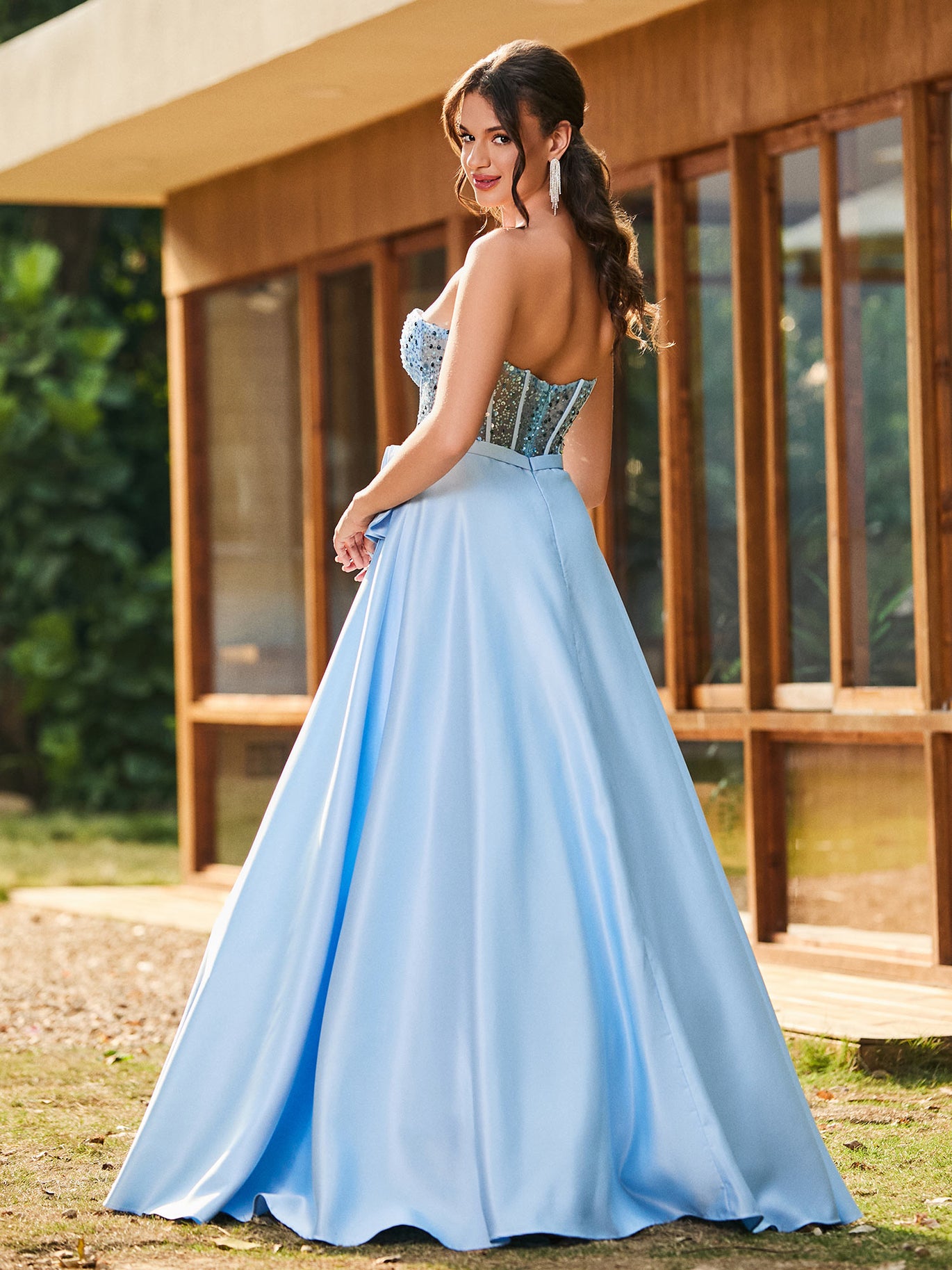 BABARONI Satin Sky Blue Prom Dresses A-line Strapless Sequins Sweep/Brush  Train