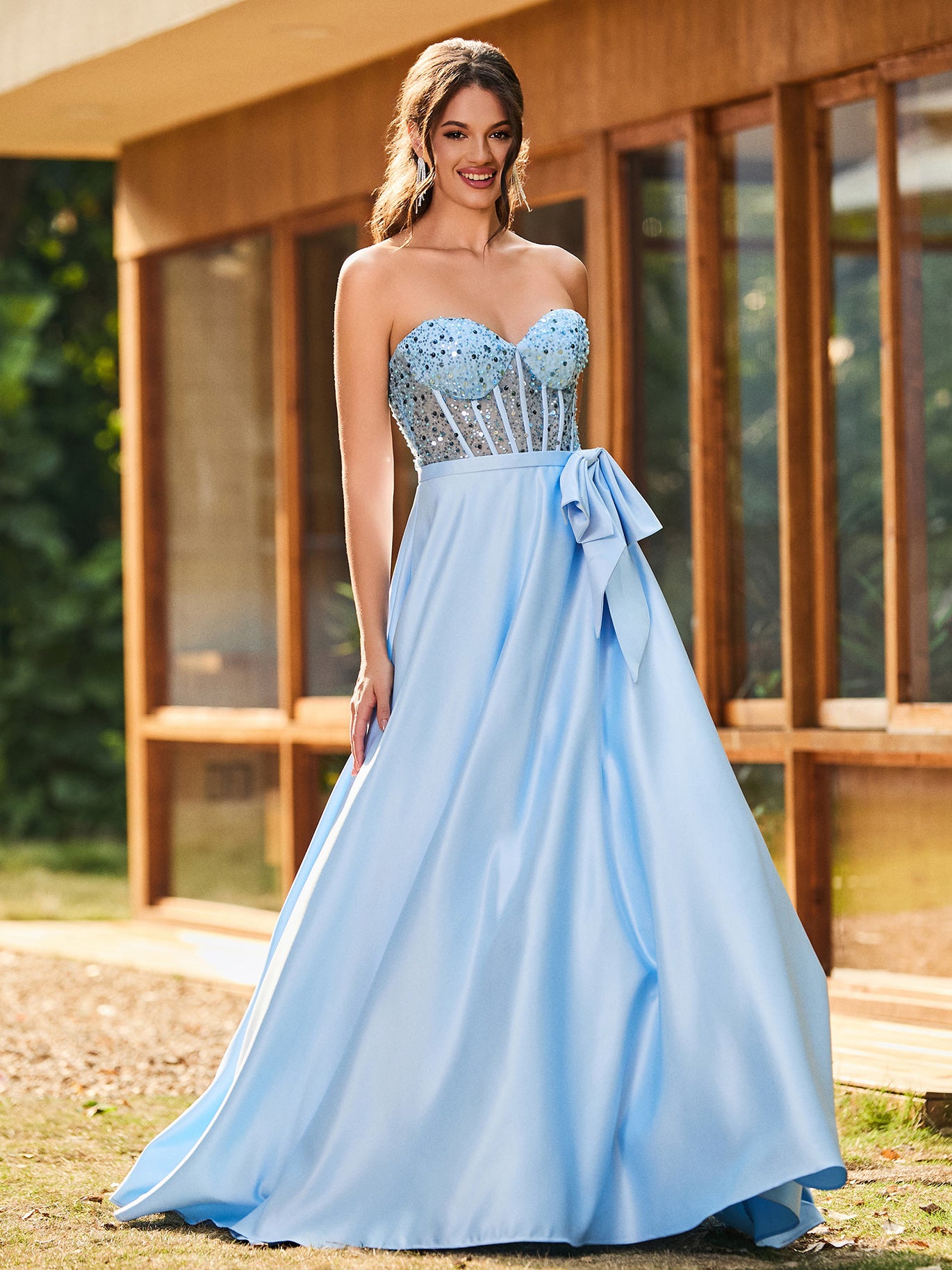 BABARONI Satin Sky Blue Prom Dresses A-line Strapless Sequins Sweep/Brush  Train