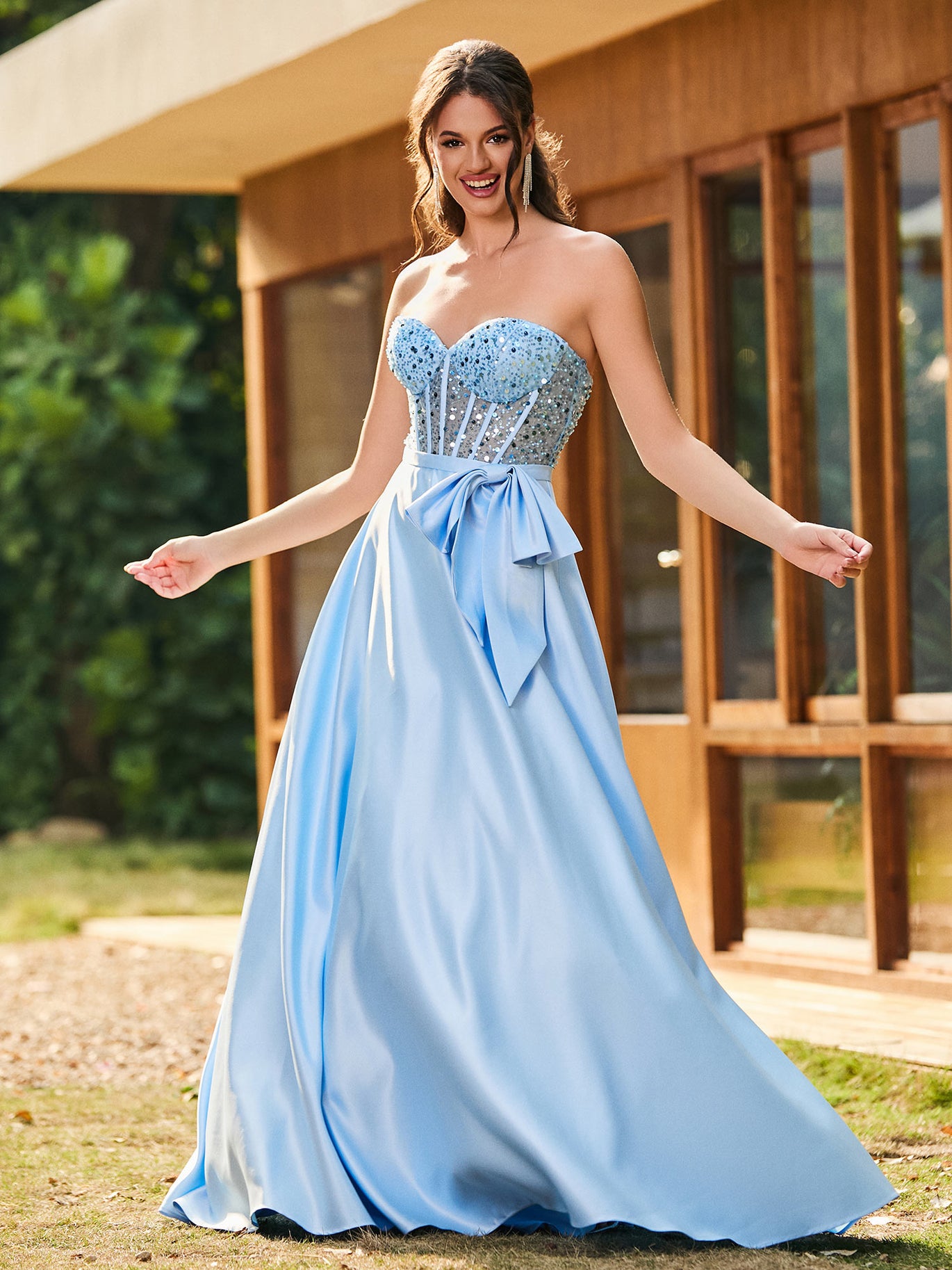 BABARONI 2025 Strapless Sequin Corset Satin Maxi Prom Dress Mist