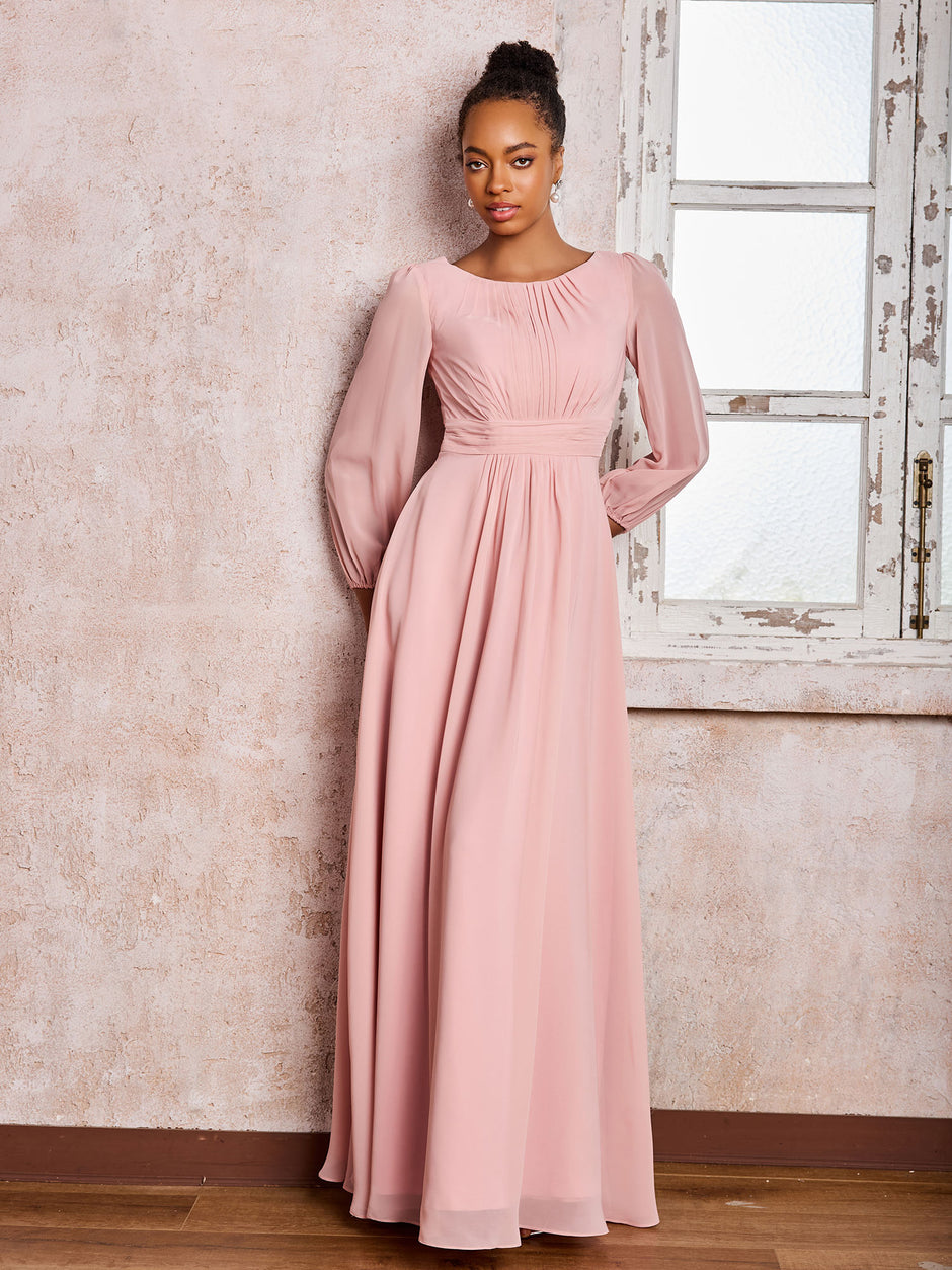 Long Sleeves Bateau Neck Ruched A-line Chiffon Dresses Cinnamon Rose