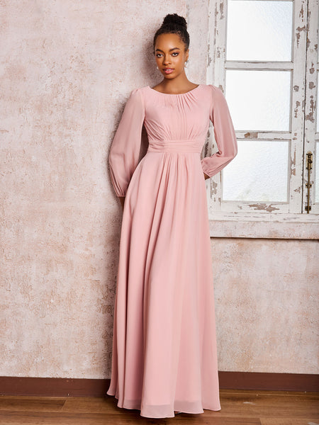 BABARONI BABARONI Chiffon Silver Bridesmaid Dresses Bateau Floor-length Long Sleeve Ruched A-line, Silver / US0