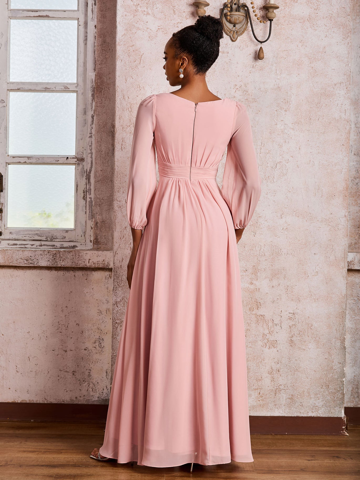BABARONI Bateau Neck Long Sleeves Ruched A-Line Chiffon Dresses Dusk, Dusk / US0 BABARONI Bateau Neck Long Sleeves Ruched A-Line Chiffon Dresses Dusk, Dusk / US0