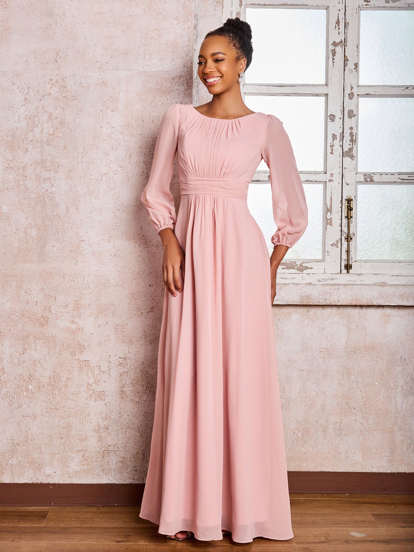BABARONI BABARONI Chiffon Silver Bridesmaid Dresses Bateau Floor-length Long Sleeve Ruched A-line, Silver / US0