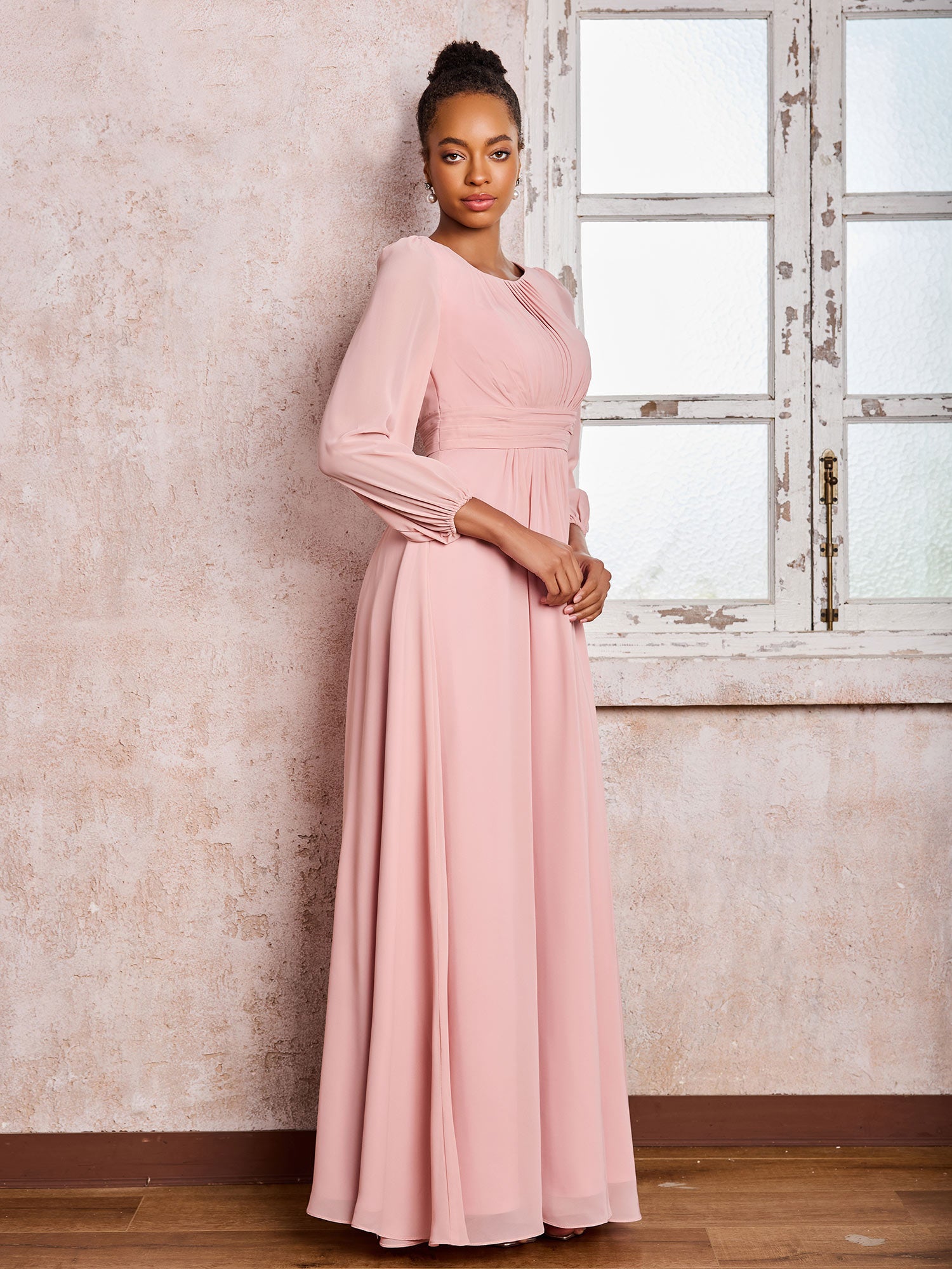BABARONI Chiffon Dusty Rose Bridesmaid Dresses Bateau Floor-length