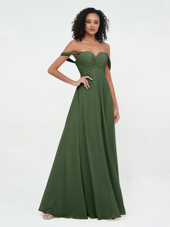 Off Shoulder Empire Dresses with Sweetheart Neck Olive Green