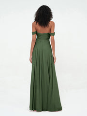 Off Shoulder Empire Dresses with Sweetheart Neck Olive Green