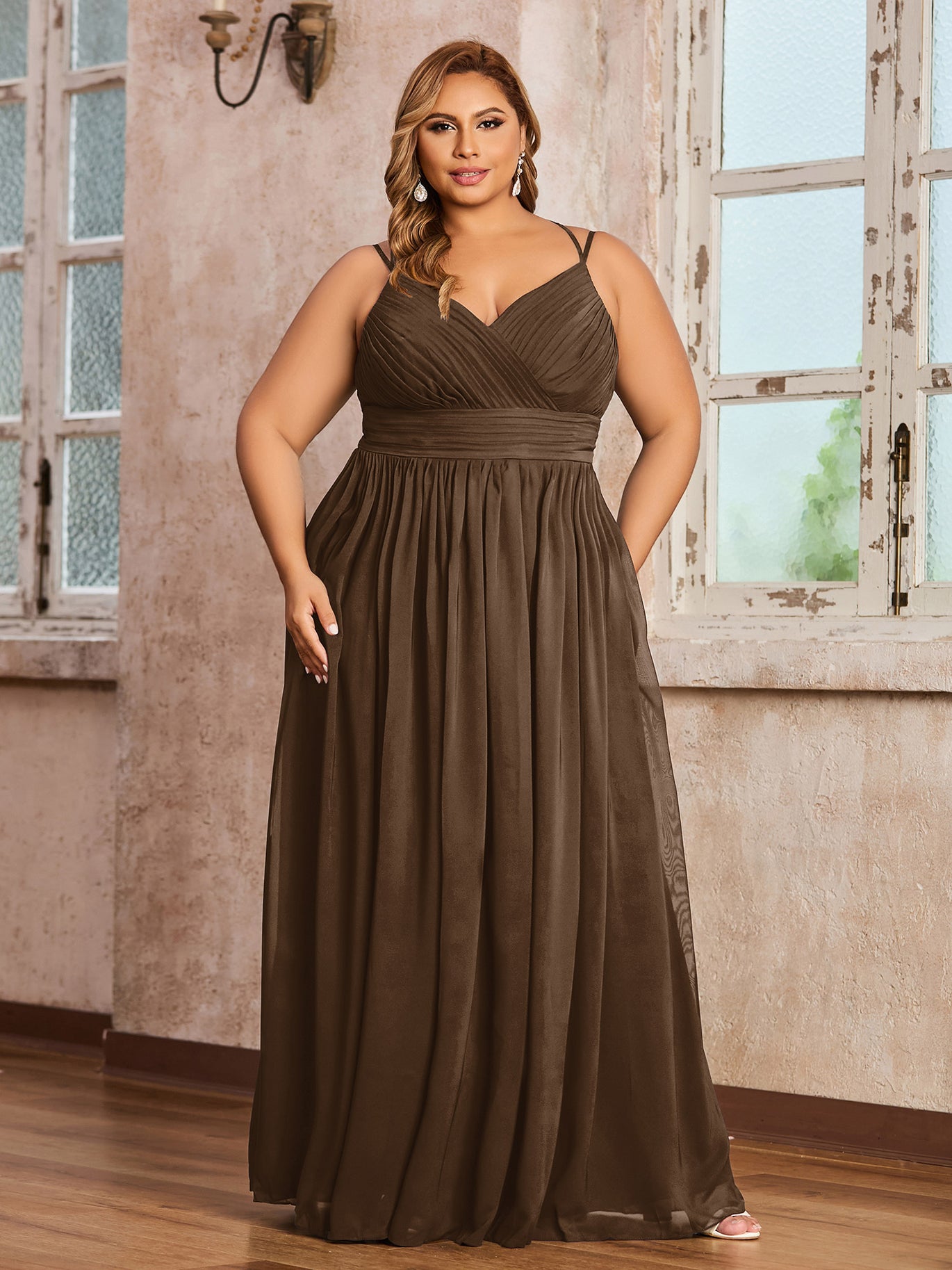 Brown Plus Size Chiffon Bridesmaid Dress - Sweetheart Neck Spaghetti Strap Maxi Gown