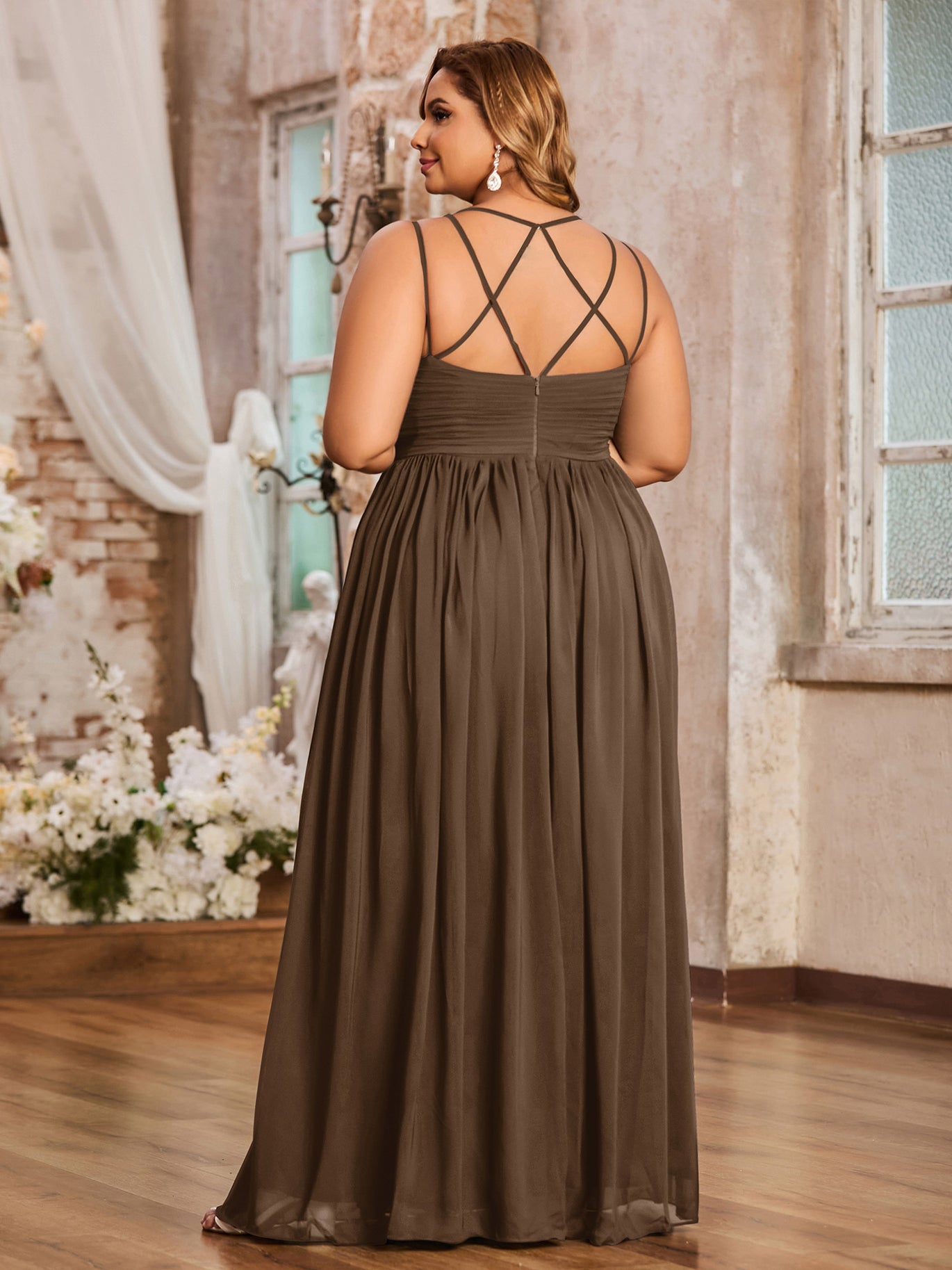 Brown Plus Size Chiffon Bridesmaid Dress - Sweetheart Neck Spaghetti Strap Maxi Gown - BABARONI Brown Plus Size Chiffon Bridesmaid Dress - Sweetheart Neck Spaghetti Strap Maxi Gown - BABARONI