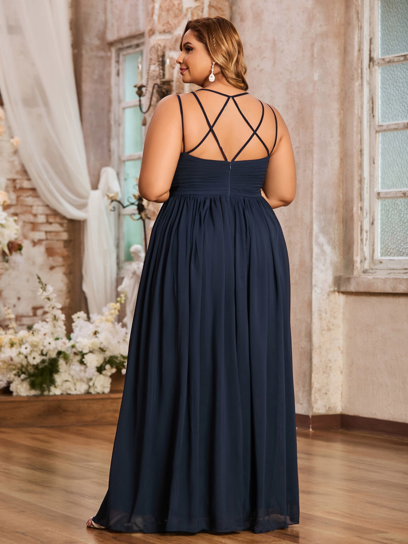 Plus Size Dark Navy Chiffon Bridesmaid Dress - Sweetheart Neck Spaghetti Strap Maxi Gown