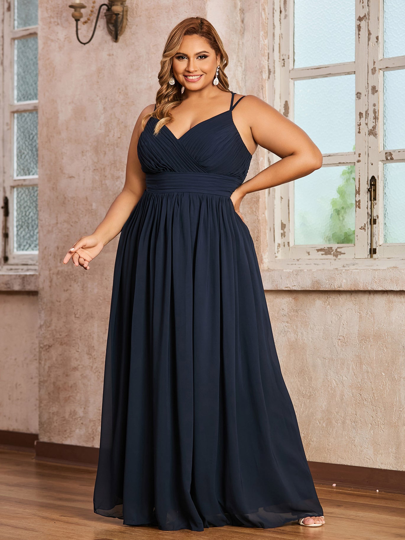 BABARONI Chiffon Dark Navy Bridesmaid Dresses Sweetheart Floor-length  Spaghetti Straps Ruched A-line