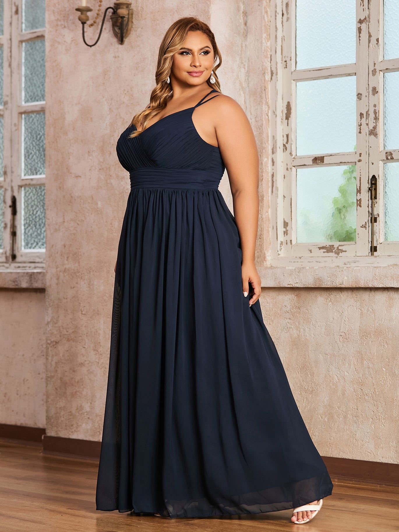 Plus Size Dark Navy Chiffon Bridesmaid Dress - Sweetheart Neck Spaghetti Strap Maxi Gown - BABARONI