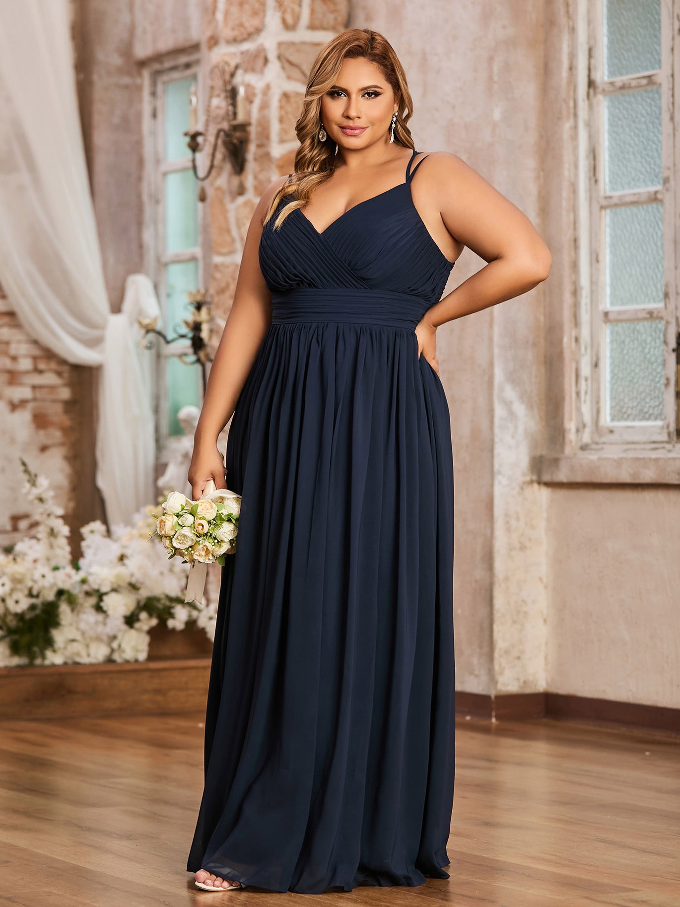 Plus Size Dark Navy Chiffon Bridesmaid Dress - Sweetheart Neck Spaghetti Strap Maxi Gown Plus Size Dark Navy Chiffon Bridesmaid Dress - Sweetheart Neck Spaghetti Strap Maxi Gown