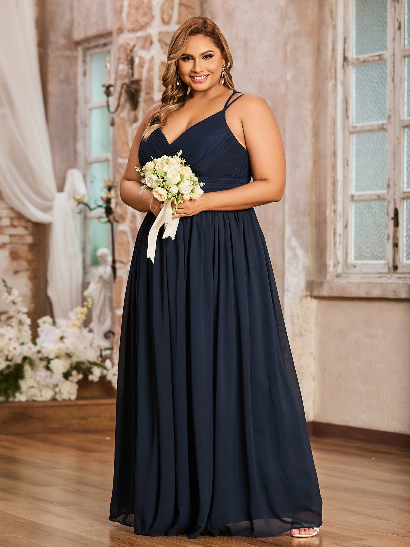 Plus Size Dark Navy Chiffon Bridesmaid Dress - Sweetheart Neck Spaghetti Strap Maxi Gown