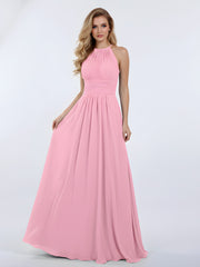 Halter Chiffon Maxi Dress of Bridesmaid Candy Pink