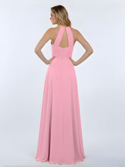Halter Chiffon Maxi Dress of Bridesmaid Candy Pink