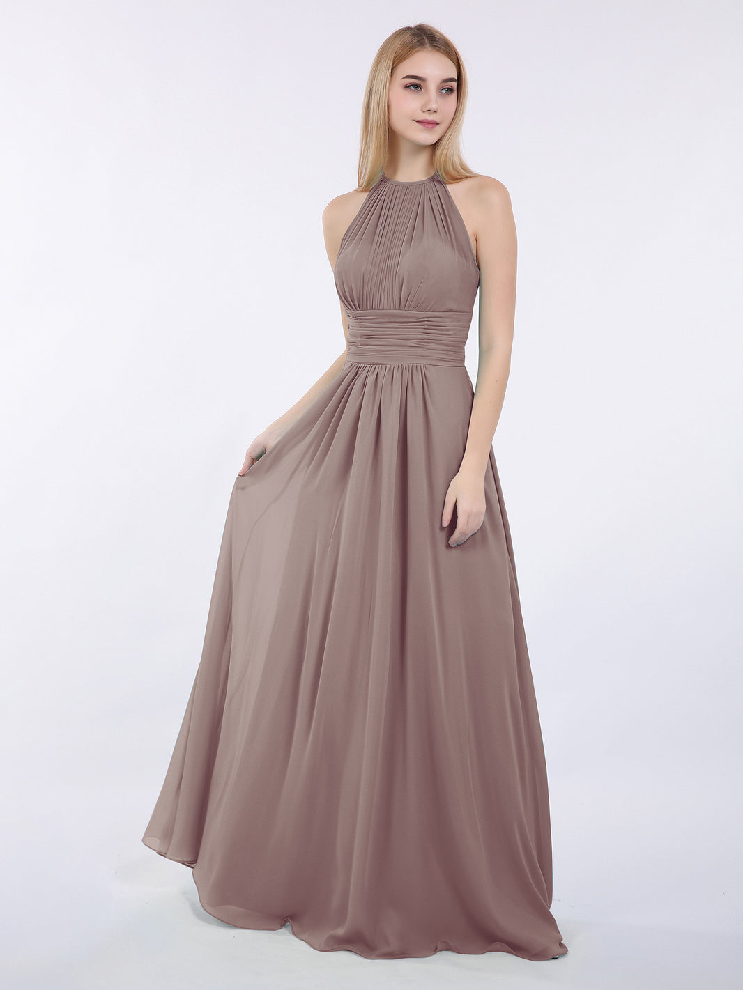 V-neck Flutter Sleeves Long Chiffon Ruched Dresses Dusty Blue