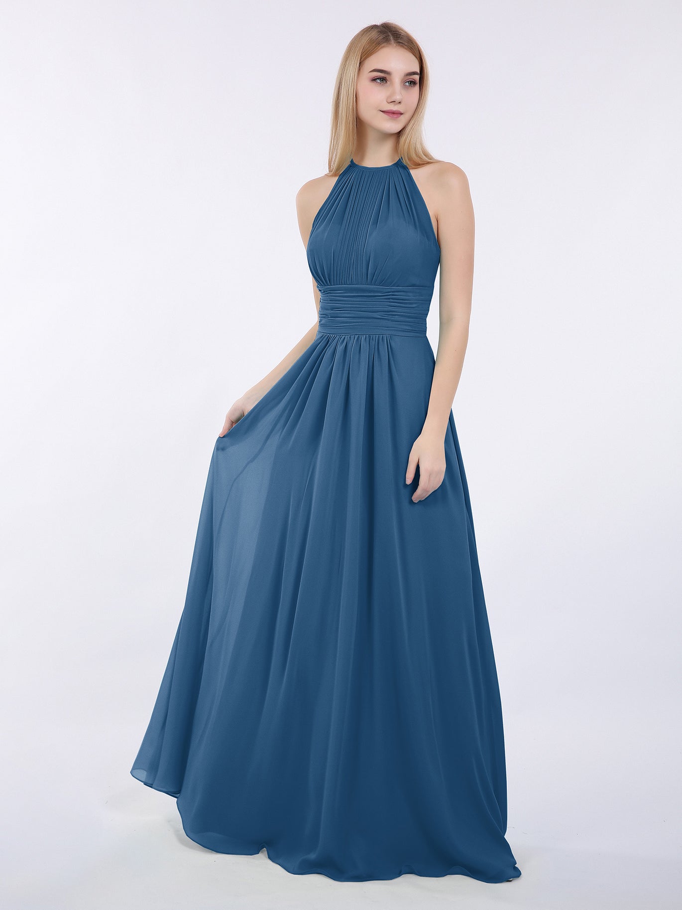 BABARONI BABARONI Chiffon Ink Blue Bridesmaid Dresses Halter Floor-length Sleeveless Ruched A-line, Ink Blue / US0 BABARONI BABARONI Chiffon Ink Blue Bridesmaid Dresses Halter Floor-length Sleeveless Ruched A-line, Ink Blue / US0