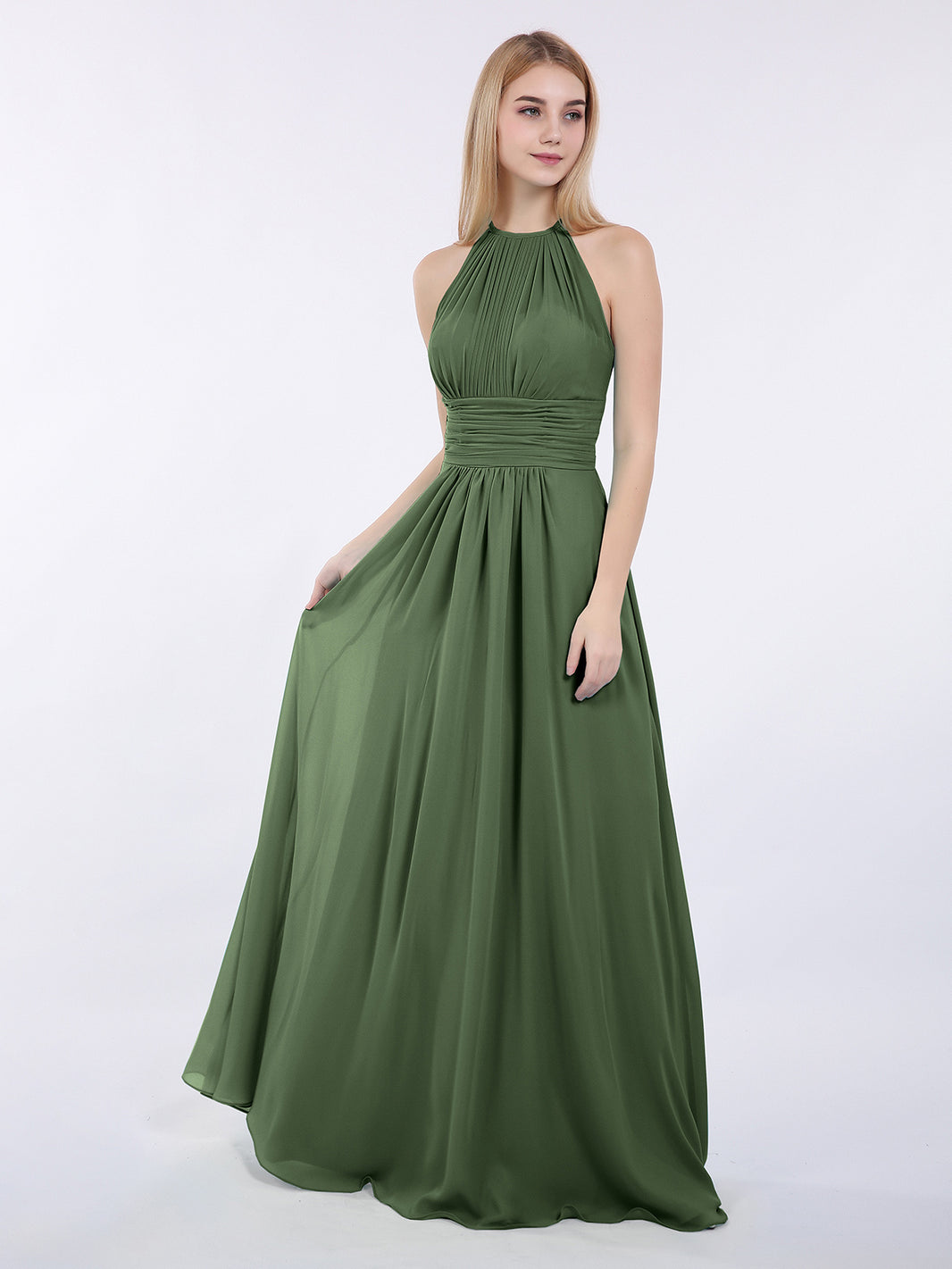 green chiffon bridesmaid dresses High-Slit Chiffon Bridesmaid Dress with Long Sleeves and Waist Pleating