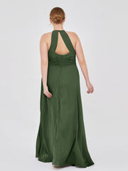 Halter Chiffon Maxi Dress of Bridesmaid Olive Green