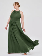 Halter Chiffon Maxi Dress of Bridesmaid Olive Green