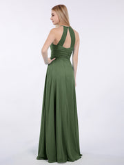 Halter Chiffon Maxi Dress of Bridesmaid Olive Green