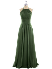 Halter Chiffon Maxi Dress of Bridesmaid Olive Green