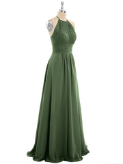 Halter Chiffon Maxi Dress of Bridesmaid Olive Green